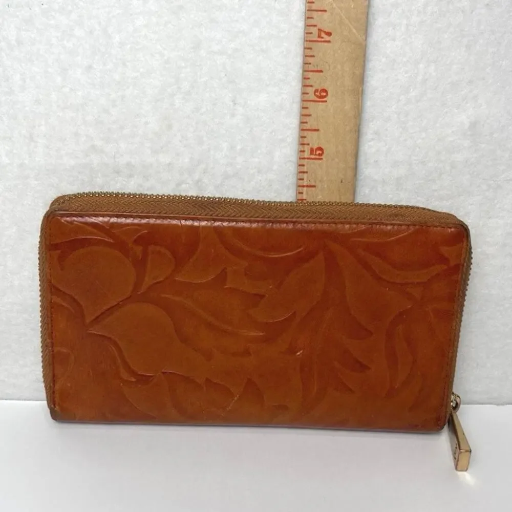 Valentina Italian Tulip Embossed Brown Leather Wallet Corner Zip Gold Hardware